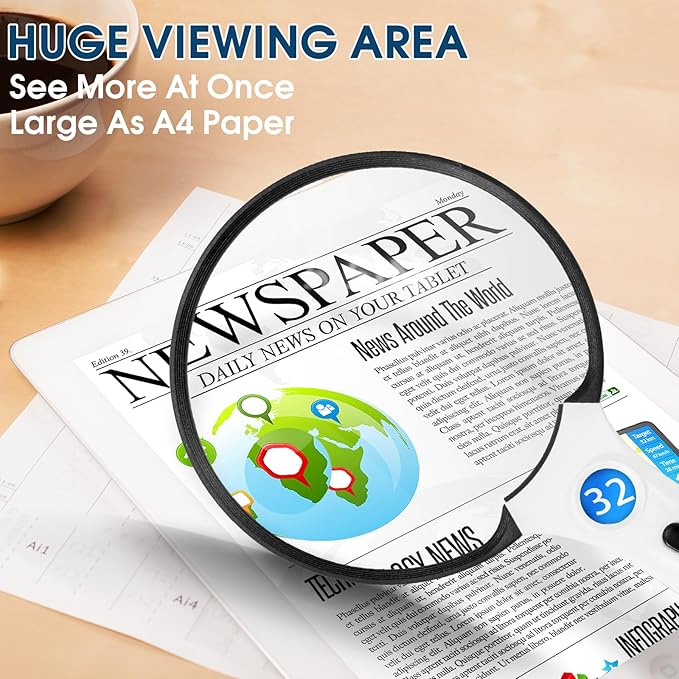 Large Magnifying Glass with Light, Magnifier Handheld Illuminated Lighted Magnifier with 3 LED Lights 1 UV Light Storage Bag Clean Cloth for Seniors Reading Inspection