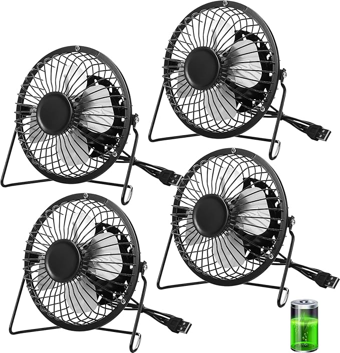 Glooglitter 4 Pcs 4" USB Small Fan Powerful Quiet 360° Adjustable Rotation Personal Metal Mini Desk Fan Summer Electric Ideal for Home Office Bedroom Desk Airflow Cooling,USB Powered Only(Black)