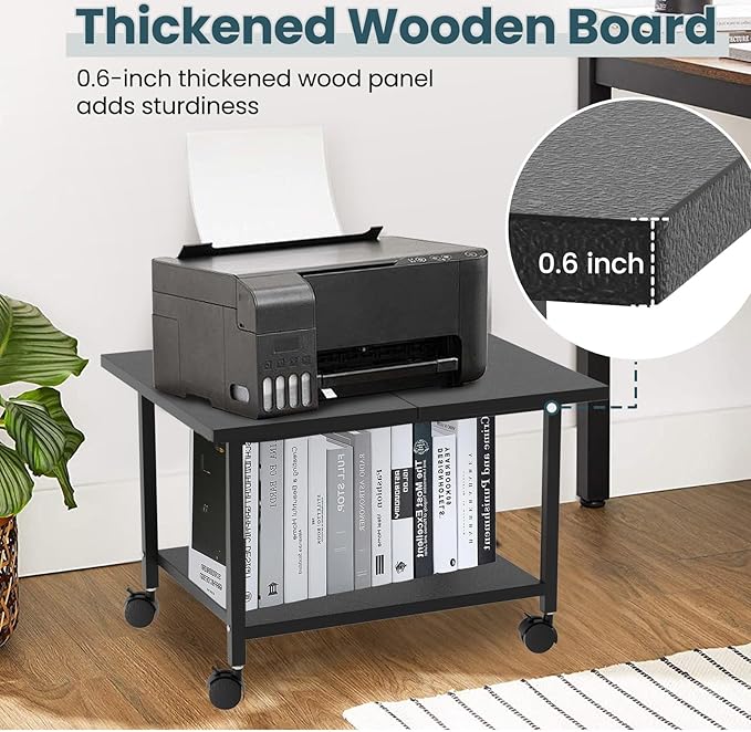 SwaaVee Printer Stand with Storage Under Desk Shelf, Desktop Printer Stand Organizer, Rolling Printer Cart Storage Paper Files Holder for Desk, Office, Home, (Black)