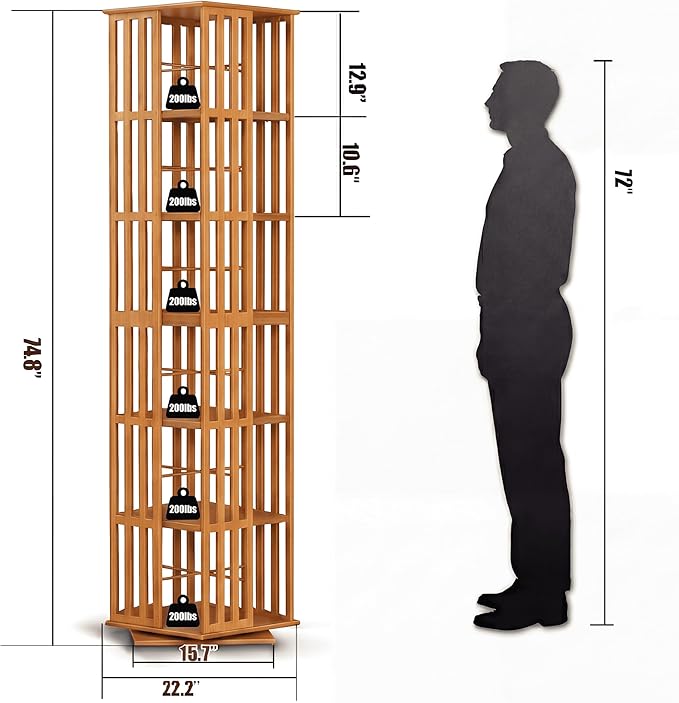 Lauxery Rotating Bookshelf Tower, 6-Tier 360° Bamboo Spinning Bookcase – Narrow Revolving Book Shelf, Floor Standing Space-Saving Storage Book Shelves for Small Space, Corner & Home Office | Walnut