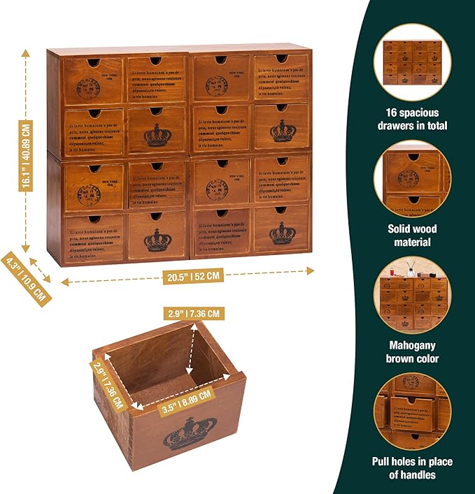 Modular Stackable Set of 4 Mahogany Brown Wood Storage Drawers for Desktop - 16-Drawer Stackable Desk Organizers - Vintage Style Office & Study Table Wooden Storage Boxes, Fully Assembled