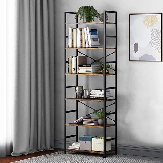 6 Tier Tall Rustic Wood Bookshelf, Metal Frame Standing Bookcase, Open Back Modern Office Bookcases, Industrial Vintage Book Shelf Unit