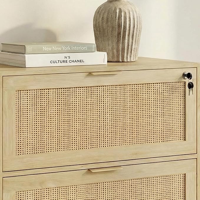 Lateral File Cabinets for Home Office, 2 Drawer Filing Cabinet with Lock, Wide Rattan Filing Organization Storage Cabinets with Printer Stand for Hanging Files/Letter/Legal/A4/F4 Size, Natural Wood