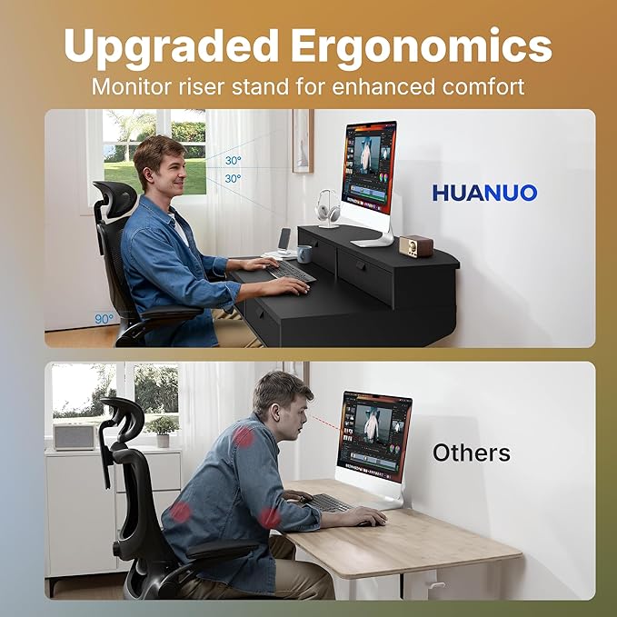 HUANUO 32 x 20 inch Electric Standing Desk with 4 Drawers, Adjustable Height Sit Stand Home Office Desk, C-Clamp Mount Compatible, Ergonomic Stand up Desk with 4 Preset Heights, Black
