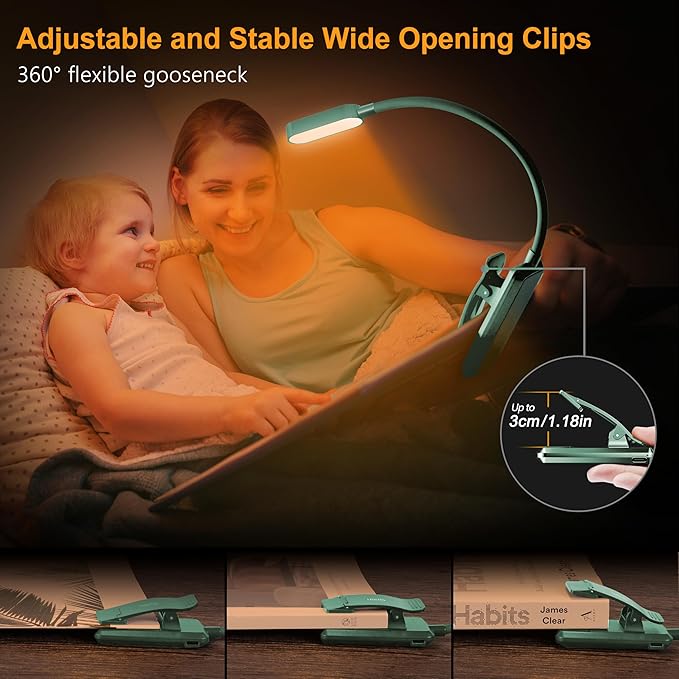 Gritin 16 LED Rechargeable Book Light for Reading in Bed- Eye Caring 3 Color Temperatures, Stepless Dimming Brightness, 80 Hrs Runtime, Lightweight Flexible Clip on Light for Book Lovers-Green