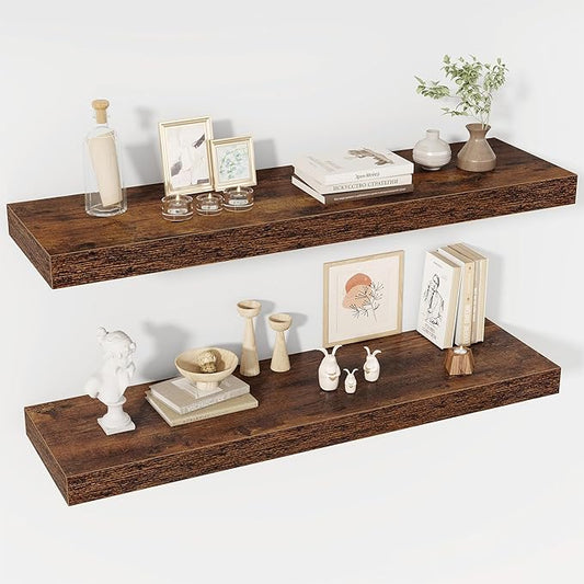 Acovy 40 Inch Floating Shelves, 12" Deep Floating Shelf Wall Mounted, 40" Wall Shelves, Rustic Deep Bookshelf, Extra Deeper & Thicker Display Shelves for Bedroom, Living Room, Brown, Set of 2