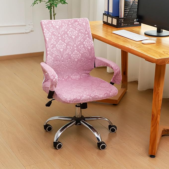 Velvet Pink Office Chair Cover with Armrest Cover 18Inch Wide Stretch Small Desk Computer Chair Covers with Long Zipper Arm Slipcovers Washable