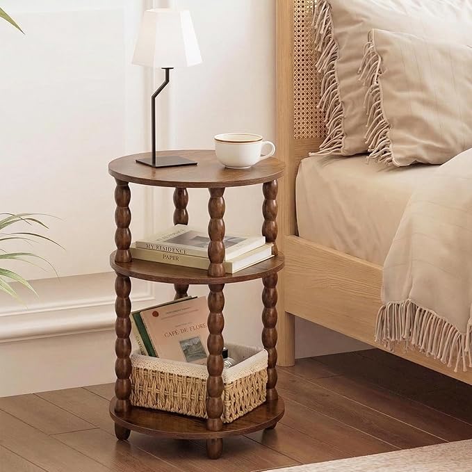 Round Side Table with 3-Tier Shelves, Small End Table with Solid Wood Legs for Living Room Bedroom, Modern Circular Coffee Table Nightstand for Small Spaces, Easy No-Tool Assembly