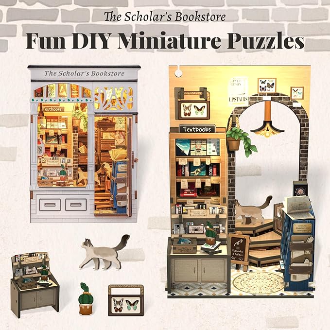 Fsolis Book Nook Kit - DIY Miniature Kit Booknook 3D Wooden Puzzles for Adults Tiny Building House Mini Bookshelf Diorama, Bookish Gifts for Women Book Lovers Readers (The Scholar's Bookstore)
