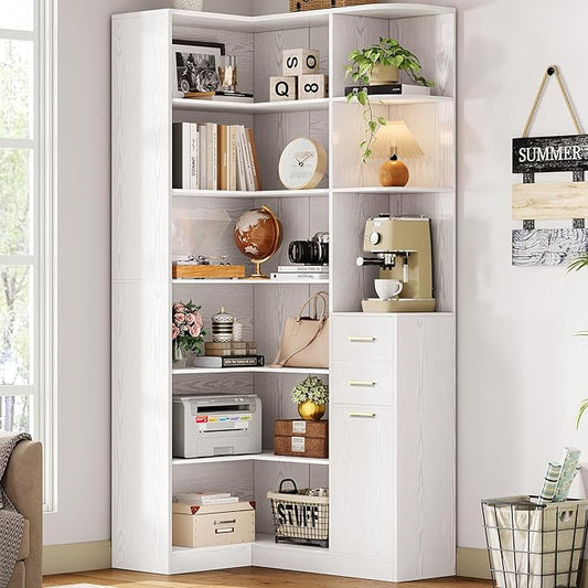 IRONCK Corner Bookshelf, 76" Tall Corner Bookshelves, 6 Tiers L-Shaped Bookcase with 10 Open Shelves and 2 Storage Drawers for Living Room or Home Office