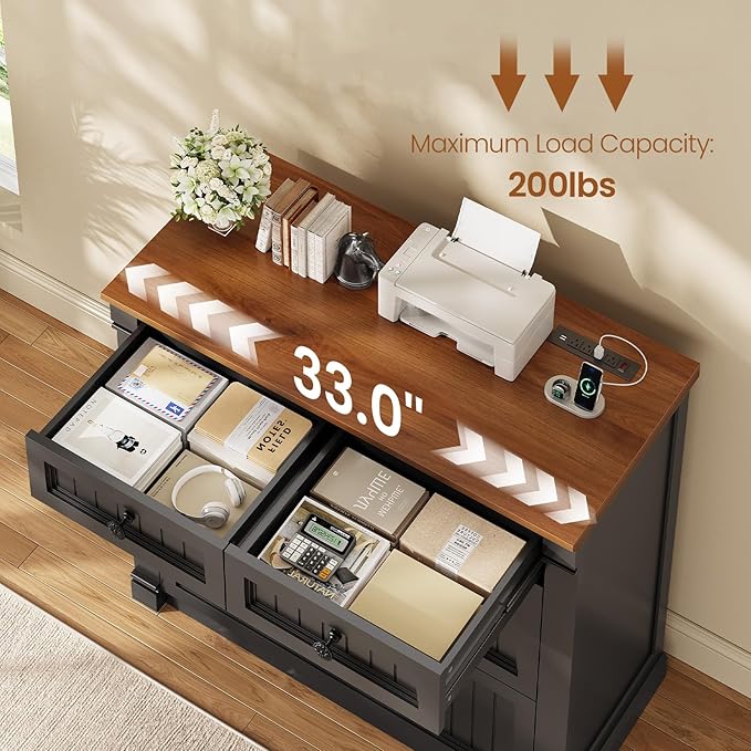 SEDETA 4 Drawers File Cabinet, 33" Farmhouse Filing Cabinets for Home Office fit Legal/Letter/A4 File, Wood Office File Cabinet with Power Outlets, Printer Stand with Storage, Black+Brown