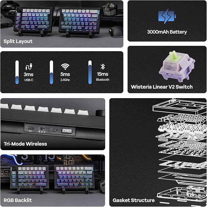 EPOMAKER Split70 Wireless Ergonomic Keyboard with QMK/VIA and Knob, Mechanical Gaming Keyboard with RGB, Hot-Swap, Creamy Linear Switch, PBT Keycap, Gasket, Mac Modifier, 70% Split Layout (Black)
