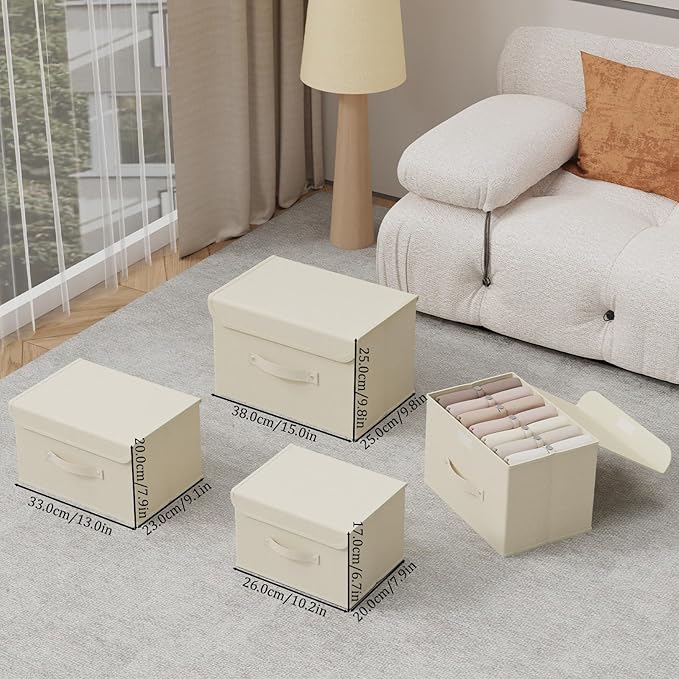 Fabric Storage Bins Cube Organizers with Flip-Top Lid and Handles,Storage Boxes for Organizing Home,Office,and Closet,Beige,3 Pack 10.2 X 7.9 X 6.7 in