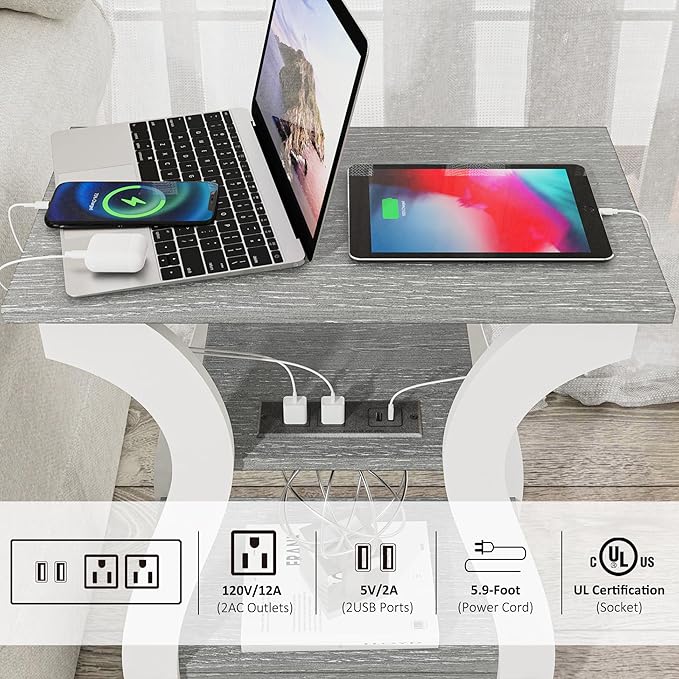 FROMJBEST End Tables Living Room, Grey End Table with Charging Station, Grey Side Table, Nightstand for Bedroom, 3 Tier End Table with Storage Shelf for Living Room
