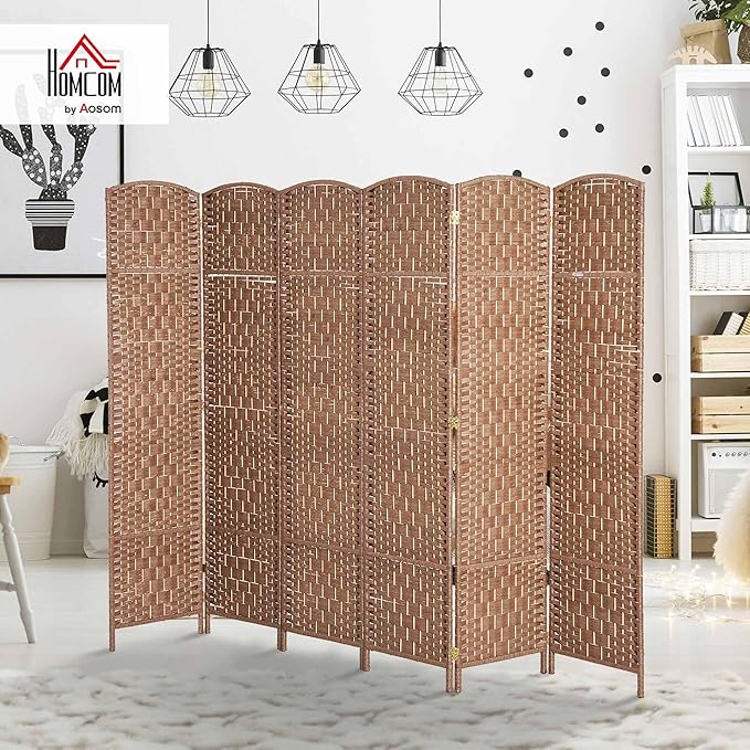 HOMCOM Room Divider 6 Panel, 6FT Tall Folding Privacy Screen, Freestanding Hand-Woven Partition for Room Separation with 360° Hinges, Paper Rope Diamond Weave, Natural