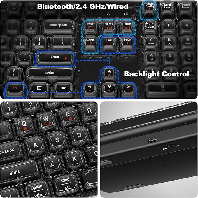 MOFII Clear Curved Ergonomic Wireless Keyboard, Tri-Mode Bluetooth5.0/2.4G/USB-C RGB Backlit Keyboard Rechargeable, Full-Size Computer Keyboards for Laptop/PC/Desktop/iPad/Smartphone/Smart TV, Black