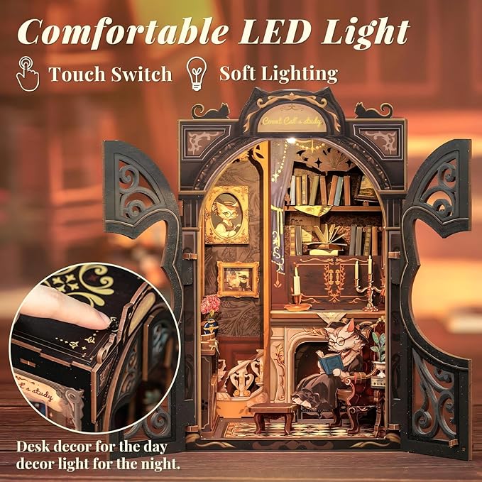 Fsolis Book Nook Kit Cat DIY Miniature Dollhouse Kit, 3D Wooden Puzzles for Adults, 108 Pieces, Bookshelf Diorama Mini Building House, Gift for Women Readers Book Lovers (Count Cat's Study)