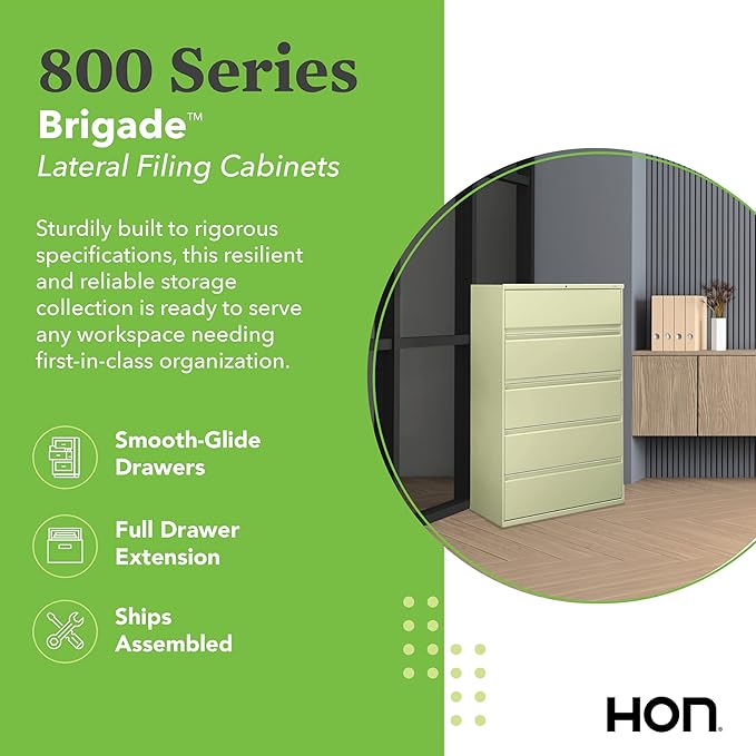 HON 5 Drawer Lateral File Cabinet with Lock, Metal Filing Cabinets for Offices, Adjustable Hangrails for A4, Legal, Letter Files, 21.31" Deep, Putty