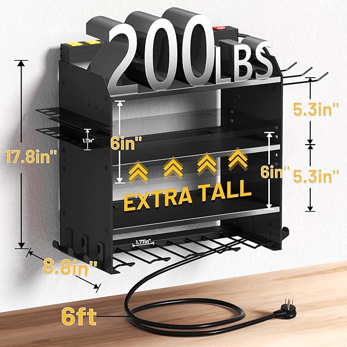 Power Tool Organizer Wall Mount wtih Charging Station,4 Drill Holder Wall Mount with 8 Outlet Power Strip,Heavy Duty Tool Rack with Hooks,Screwdriver Organizer in Garage(Glossy Black,4 Layer)