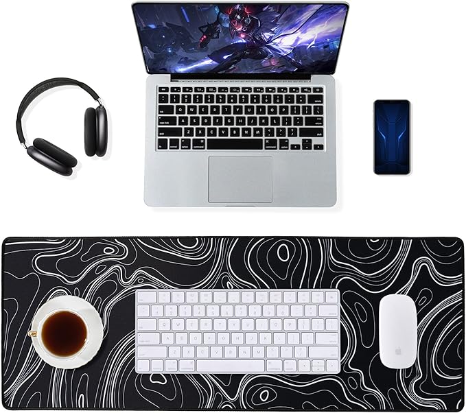 ALOANES Waterproof Mouse Pad with Durable Stitched Edge, XL Gaming Keyboard Pad, Non-Slip Rubber Base, Extended Desk pad for Gamer, Office & Home, Black Topographic Map Mousepad 35.4''x 15.7''x 0.12''