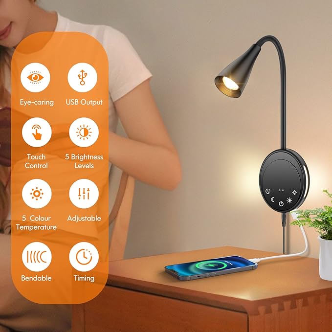 SANKEDOU LED Wall Mount Reading Light, Bedside Reading Lights with Touch Control, 5 Dimmable, USB Output, Night Light & Timers, Flexible Gooseneck Headboard Bed Lights Wall Sconce