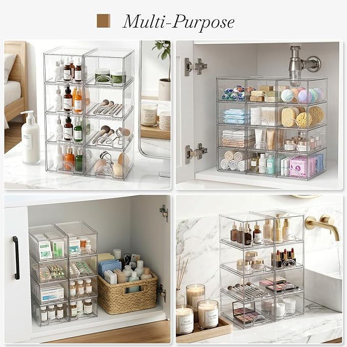 8 Pack Clear Stackable Acrylic Storage Boxes Storage Drawers, Storage Organizer, Clear Plastic Makeup Organizer, Ideal for Vanity, Cabinet, Desk Organization