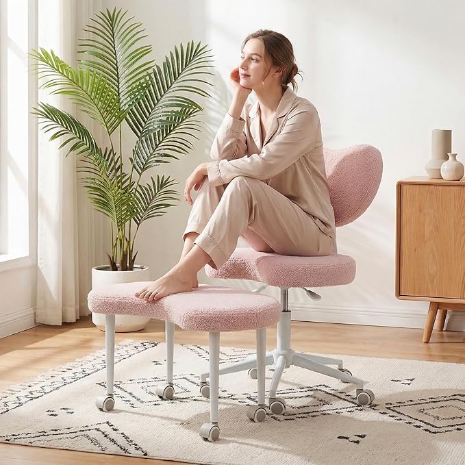 Cross Legged Office Chair, 360° Swivel Yoga Meditation Chair, Ergonomic Height Adjustable ADHD Criss Cross Office Chair with Wheels, Lumbar Support for Home Office, Pink