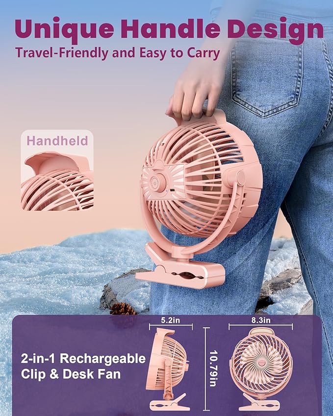 10000mAh Clip on Fan, 8-Inch Golf Cart Fan Rechargeable with LED Light, 9 Speeds Strong Airflow, Ultra Quiet, 30Hrs Runtime, 360° Rotation, Cooling for Bed Camping Office Desk Dorm, Pink