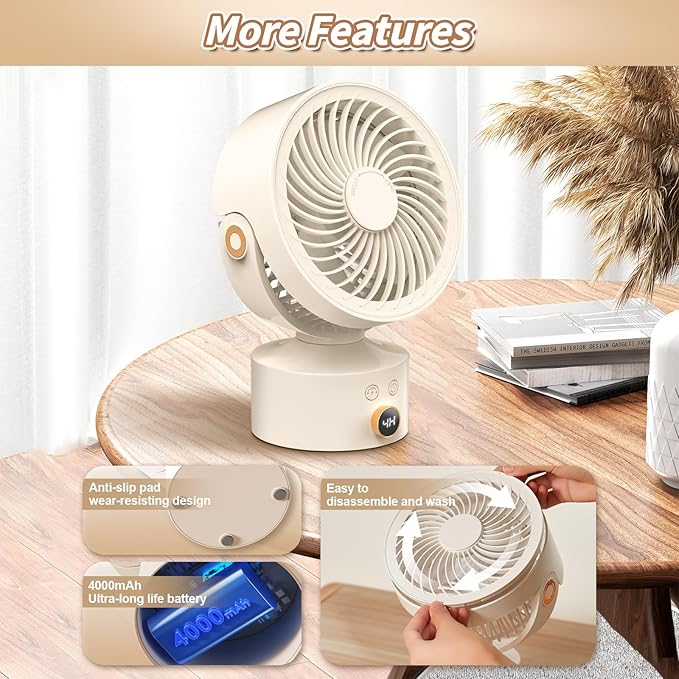 Desk Fan Small Oscillating for Bedroom, 9 Inch Quiet Desk Fan Air Circulator with 3 Speeds, 4H Timer, Rechargeable Desk Fan for Office/Dorm/Room-Beige