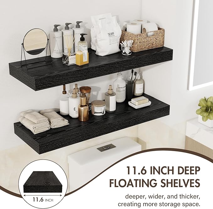 Acovy 40 Inch Floating Shelves, 12" Deep Floating Shelf Wall Mounted, 40" Wall Shelves, Rustic Deep Bookshelf, Extra Deeper & Thicker Display Shelves for Bedroom, Living Room, Black, Set of 2