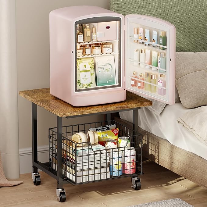 Mini Fridge Stand with Storage, Small Refrigerator Stand with Wheels, Mini Fridge Cabinet-Max Load 300 LBS Heavy Microwave Printer Stand Mini Fridge Cart for Dorm, Apartment, Kitchen, Office (Brown)