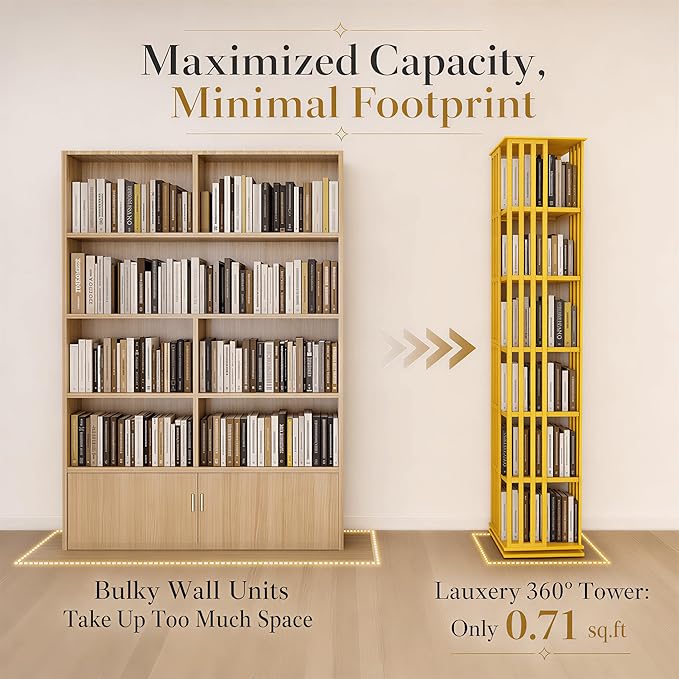 Lauxery Rotating Bookshelf Tower– 6 Tier 360° Spinning Bookshelf | Space-Saving Floor Standing Bamboo Revolving Bookcase for Small Space, Home Offices & Reading Corners | Gold
