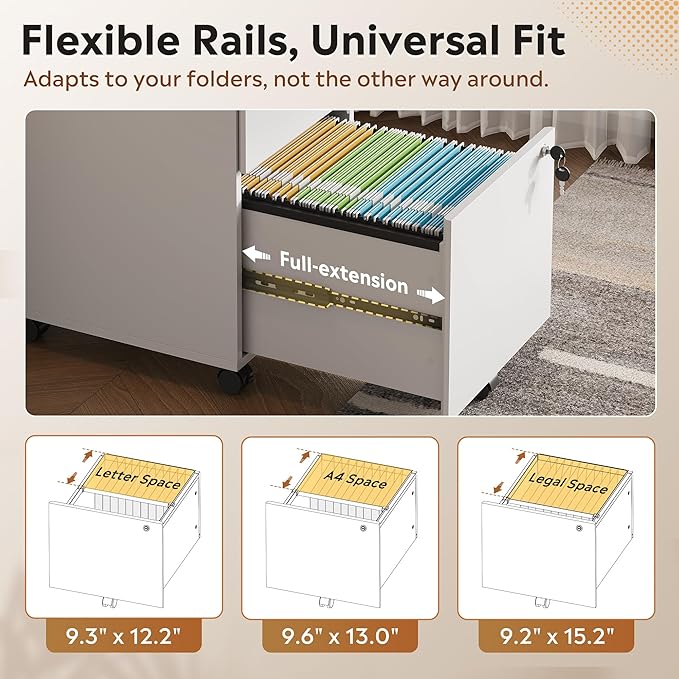 DEVAISE 3 Drawer Mobile File Cabinet with Individual Locks, Wood Filing Cabinet for Office, Under Desk Printer Stand with Wheels, Fits Letter/A4/Legal Size, White