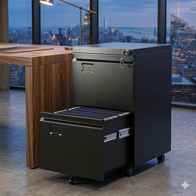 Aobabo Rolling File Cabinet with Lock,2 Drawer Metal Filing Cabinet for Home Office & Under Desk, Heavy-Duty Mobile Storage with 5 Wheels (Anti-Tilt), Fits Letter/Legal, Black,Required Assembly