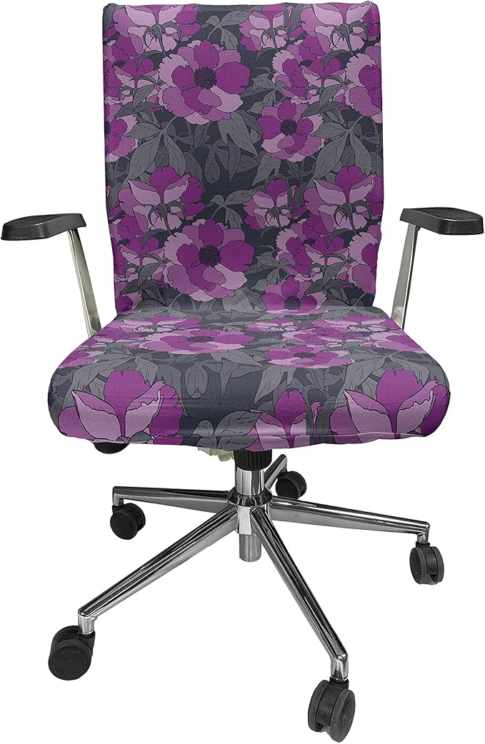 Ambesonne Floral Office Chair Cover, Violet Tones Grungy Look Flower Print Wild Rose, Stretchable Decorative Universal Size High Back Printed Slipcover, Purple Grey