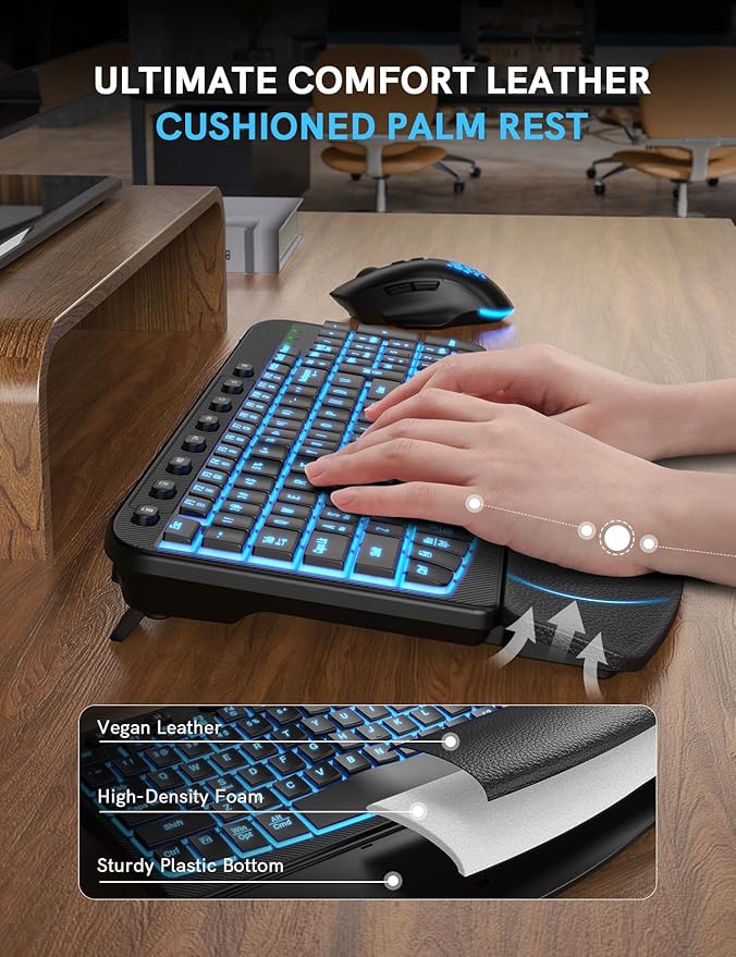 SABLUTE Wireless Keyboard and Mouse Combo Ergonomic - MA12Pro Wave Keyboard with Leather Wrist Rest for Comfortable Typing, RGB Backlit Rechargeable for Windows, Mac, PC, Laptop