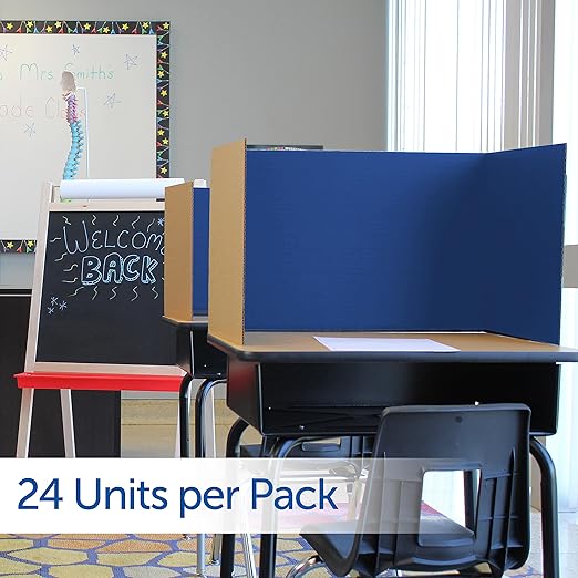 Flipside Products 18”x 48” Blue Study Carrel, Privacy Boards, Student Privacy and Focus Booth for The Classroom, Desk Divider Cubby for Tests, Made in USA - 24 Pack