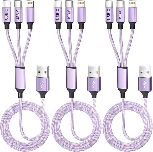 3Packs 4FT Multi Charging Cable with 2 USB-C/IP Port, Purple Charging Cords for Multiple Devices, USB C Splitter Cable, Multiple Charger Cord Travel Car Charger for iPhone17-8, Androids iPad and More