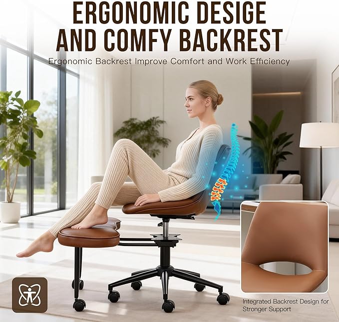 Ergonomic Cross Legged Office Chair with Wheels, 360° Swivel ADHD Chairs for Adults, Height Adjustable Seat for Meditation, Yoga - Wide Criss Cross Chair with Lumbar Support, Kneeling Chair, Brown