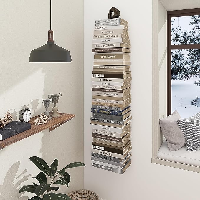 Mefirt Invisible Floating Bookshelves for Wall, 4 Tier Vertical Spine Book Tower, Heavy Duty Floating Book Shelves Metal Book Organizers for Home Office, 2 Pack(Black)