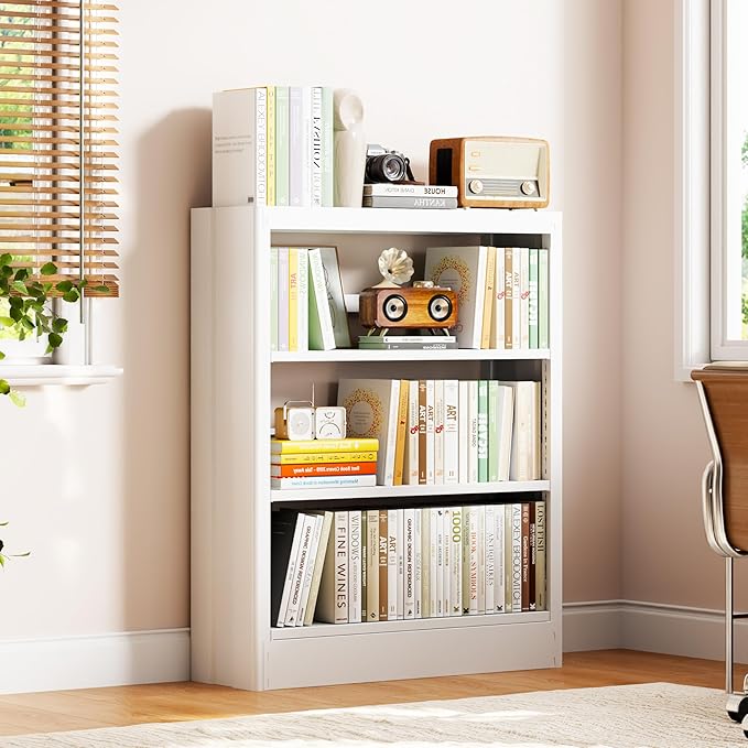 3-Tier Bookshelf with Adjustable Shelf, Metal Bookcase with Anti-Tip Kit & Book Stopper, 39.4" H Inch Small Bookcase for Living Room, Office, Small Spaces (White(3-Tier Bookshelf))