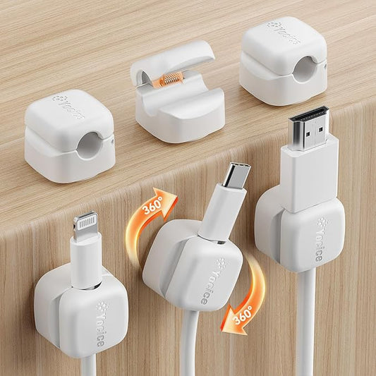 6Pack Rotatable Cord Organizer,Spring Cable Clips Desk Cable Management Cord Holder Adhesive Phone Charger Cord Clips for Home Office Car Wall Nightstand Accessories, White
