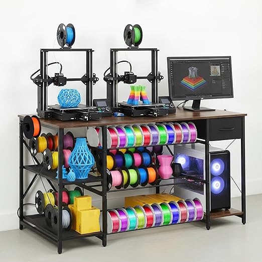 3D Printer Stand with Charging Station, Large 3D Printer Table with Filament Storage, Heavy Duty 3-Tier Filament Storage Rack with Drawer, 3D Printer Desk for Workshop, Office and Garage (Brown)