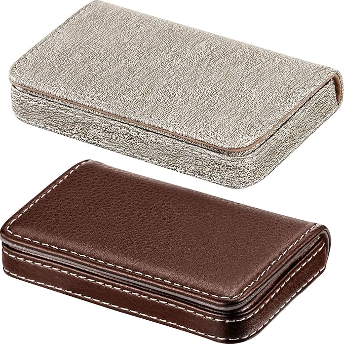 Outus 2 Pcs Business Card Holder, PU Leather Business Card Case Pocket Wallet with Magnetic Shut for Christmas Gift Adult(Coffee and Gray)