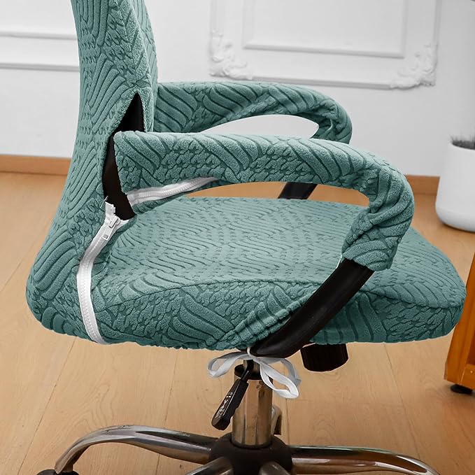 Green Office Chair Cover with Armrest Cover 18Inch Wide Stretch Jacquard Patterned Small Desk Computer Chair Covers with Long Zipper Arm Slipcovers Washable