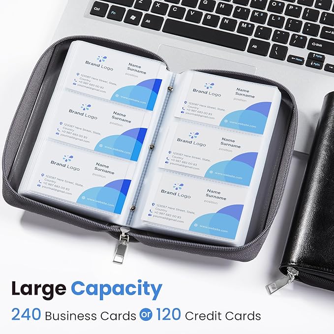 Sooez Zip-Enclosed Business Card Holder Organizer, Professional Credit Card Case Book for Women Men, 240 Capacity, Premium Vegan Leather Gift Card Organizer Storage, Business Card Wallet, Navy Blue