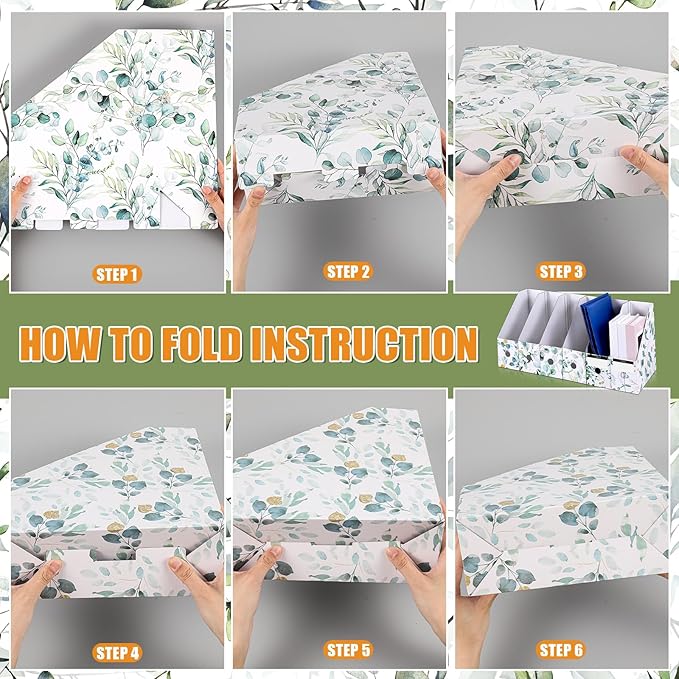 PerKoop 12 Pcs Decorative Magazine File Holders Floral Foldable File Folders Magazine Storage Boxes Rack Desk Organizer Documents with Printable Labels for School Office Home (Eucalyptus Leaves)