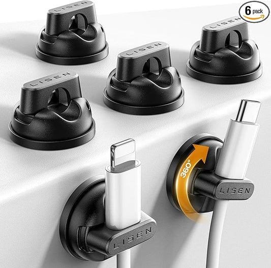 6-Pack Rotatable Cord Holder for Nightstand, LISEN 360°Rotating Magnetic Clips, No-Residue Strong Adhesive Cord Organizer for Desk, Phone Cord Holder for Home, Car, Office Desk Accessories