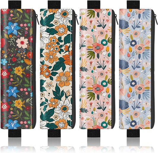 4 Pack Elastic Pen Holder for Notebook, Prints Pen Pouch with Elastic Band and Zipper, Leather Pen Holder for Planners, Journals, Book (Colorful Flowers)