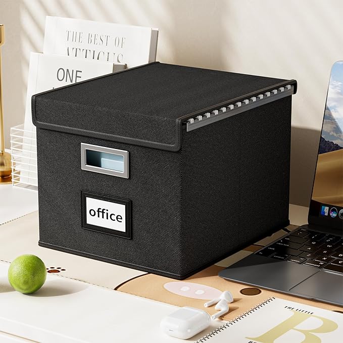 File Organizer Box with Lid, Collapsible File Folder Organizer for Office Document Storage, Filing Box with Plastic Slide for Letter Size Hanging File Folders(1 Pack, Black)